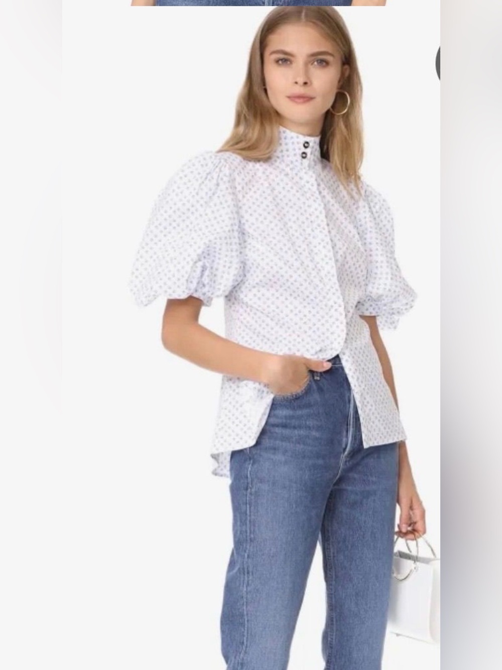 Caroline Constas White Puff-Sleeve Button-Down with Subtle Print